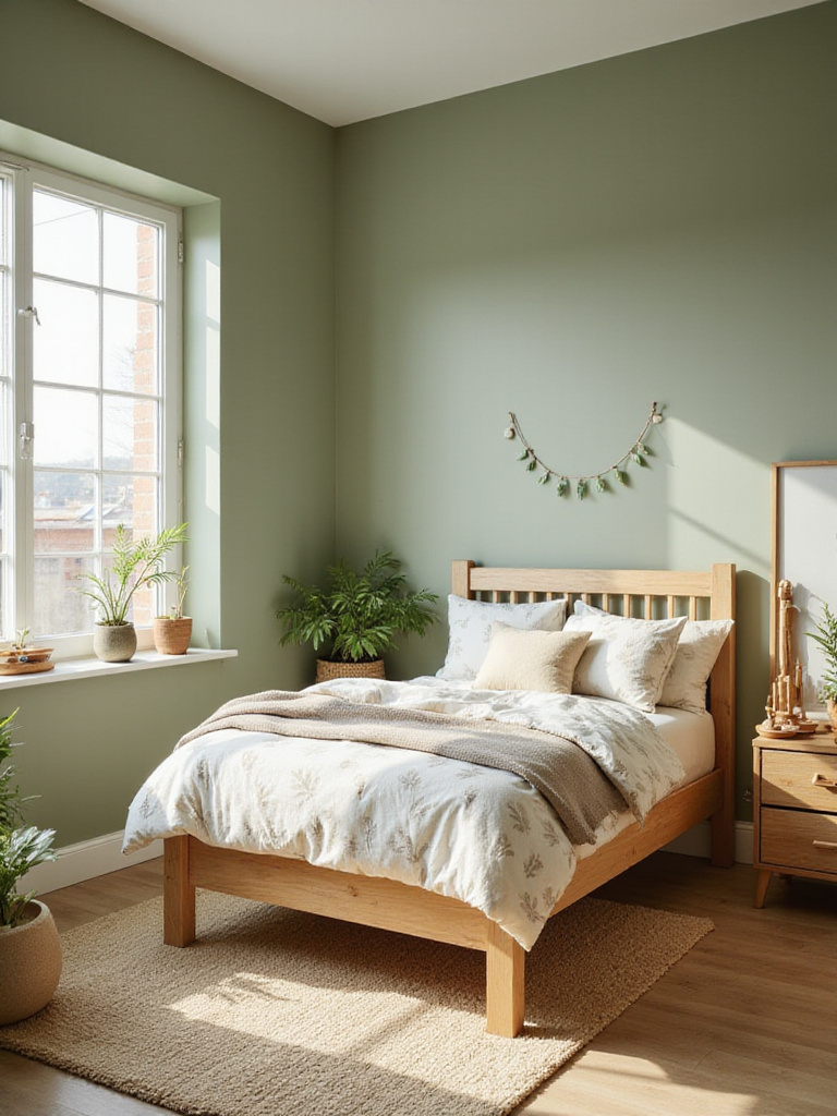 A peaceful nature-inspired child's bedroom featuring a wooden bed, earthy green walls, indoor plants, and natural wood furniture.