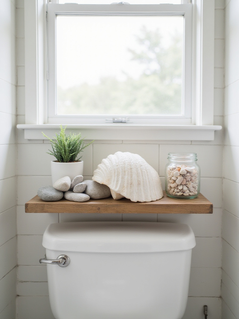 Bathroom shelf decorated with river stones, conch shell, and seashells for a natural, spa-like feel.
