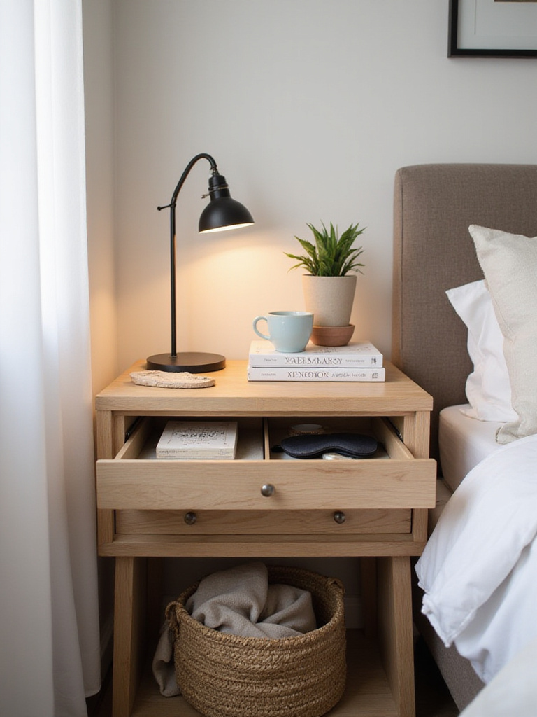 Organized nightstand with lamp, books, plant, and storage basket in a modern apartment bedroom.