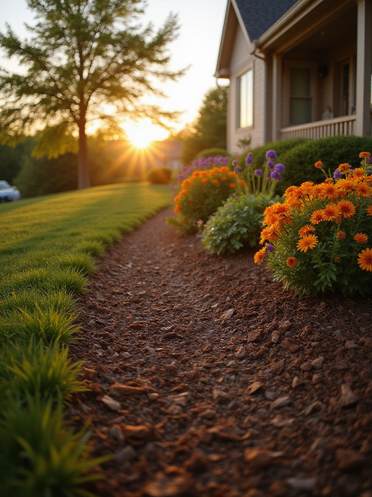 Front yard flower bed with dark brown wood chip mulch, vibrant perennials, and shrubs at sunset.