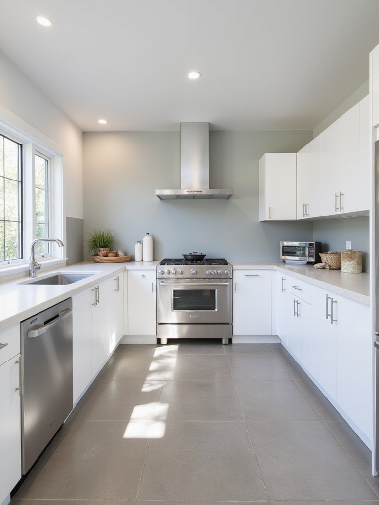 Kitchen with light grey to medium grey ombre wall