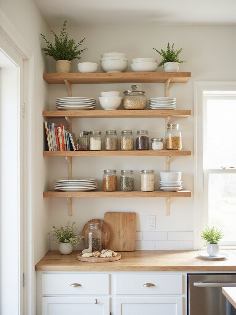 Open shelving unit in a modern farmhouse kitchen displaying dishware, spices, cookbooks, and herbs.