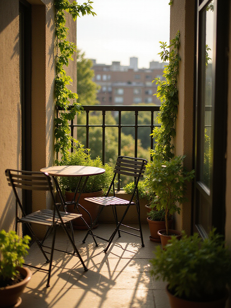 Small urban balcony featuring a folded metal bistro table and chairs against the wall, surrounded by potted plants, demonstrating space-saving furniture.
