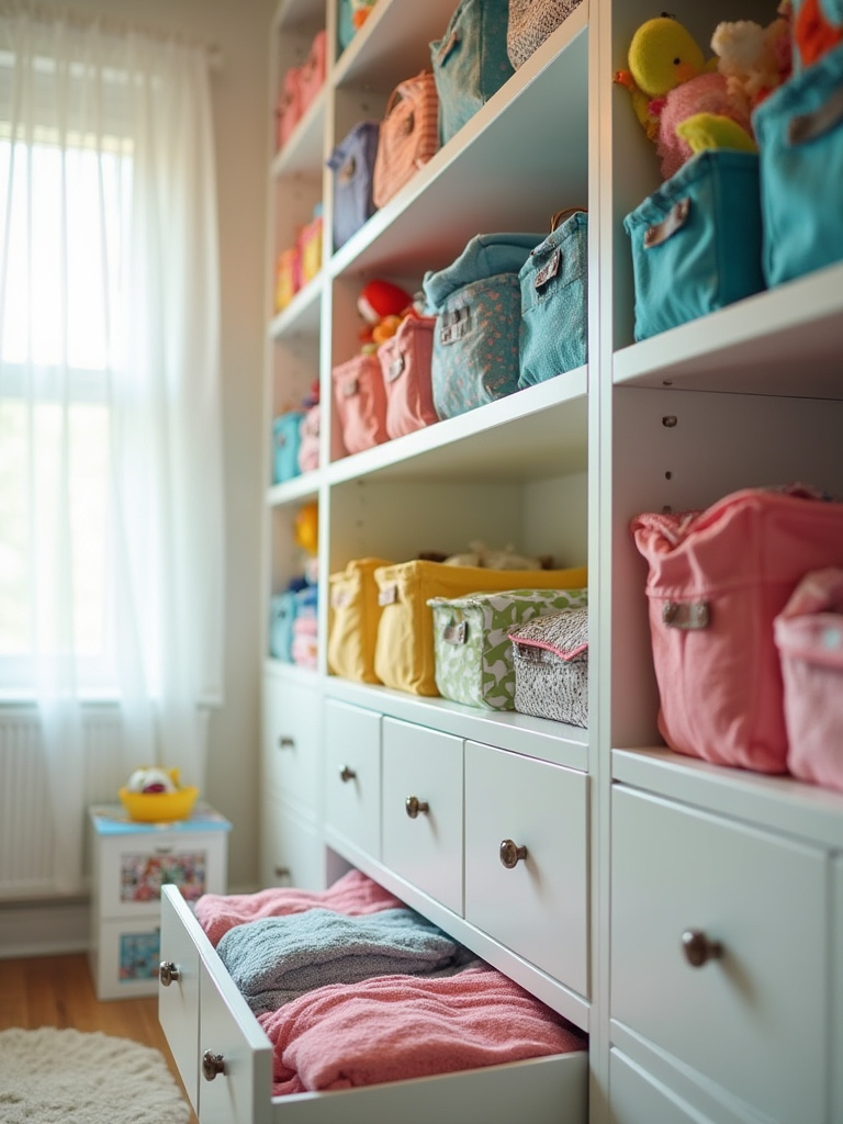 Organized kids bedroom storage wall featuring colorful, labeled bins for toys and drawer dividers for clothes.