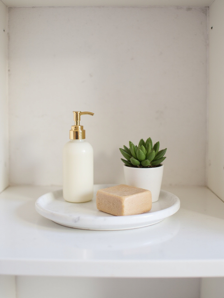 Bathroom shelf with marble tray holding lotion, soap, and succulent for stylish organization.