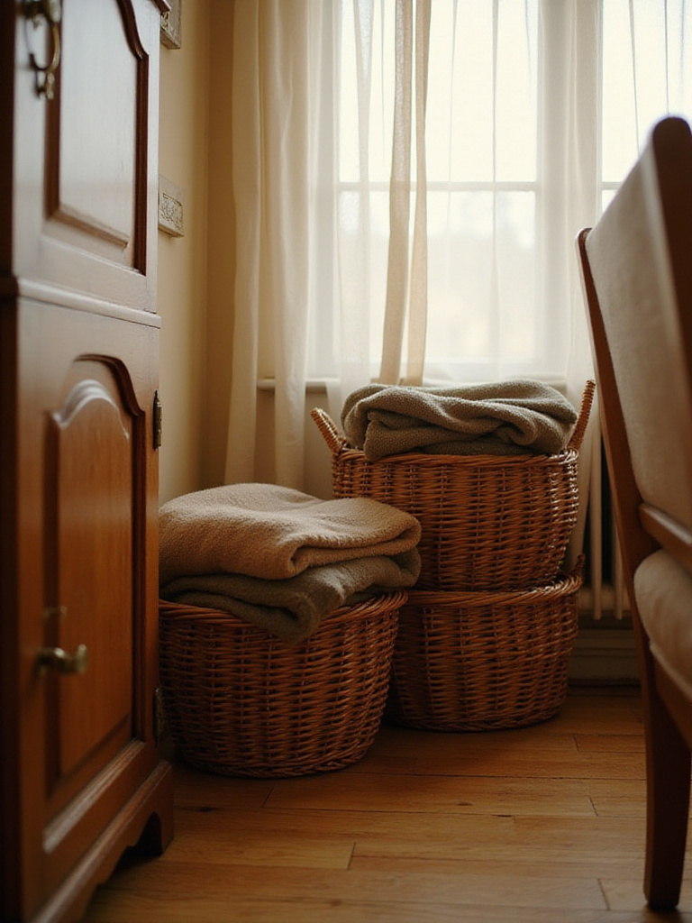 Vintage bedroom corner with wicker baskets storing blankets and sweaters.