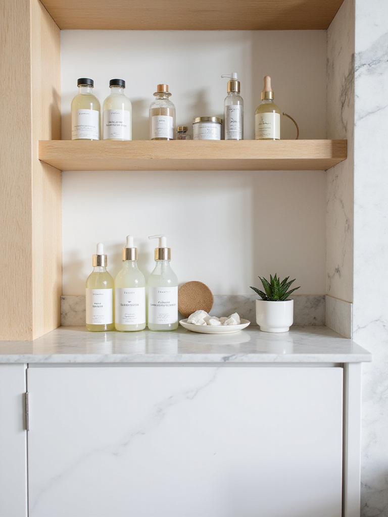 Bathroom shelf decorated with stylish skincare products, including serums, moisturizers, and a small succulent.