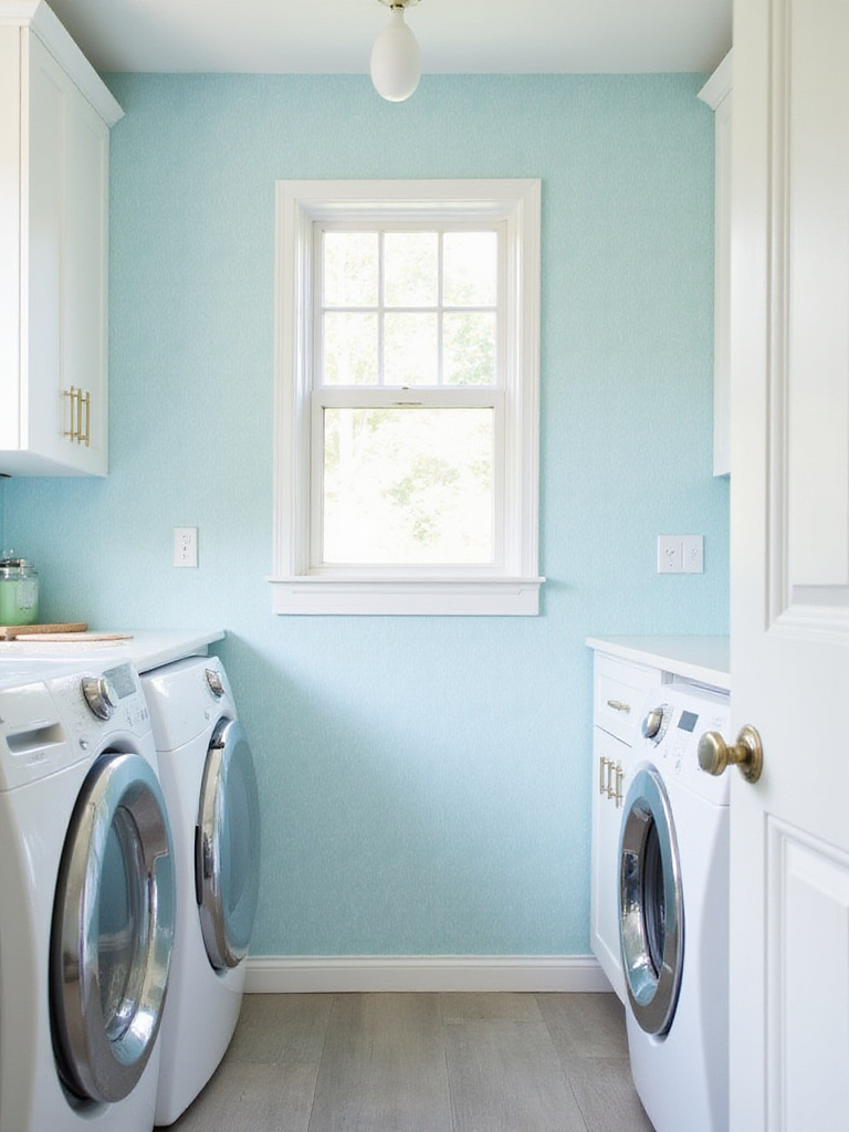 Laundry room with peel and stick geometric wallpaper accent wall