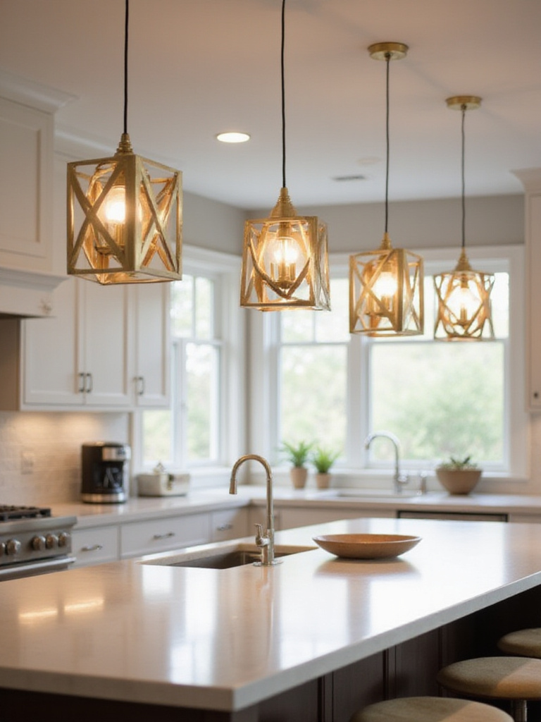 Modern kitchen island with brushed-gold geometric pendant lights.