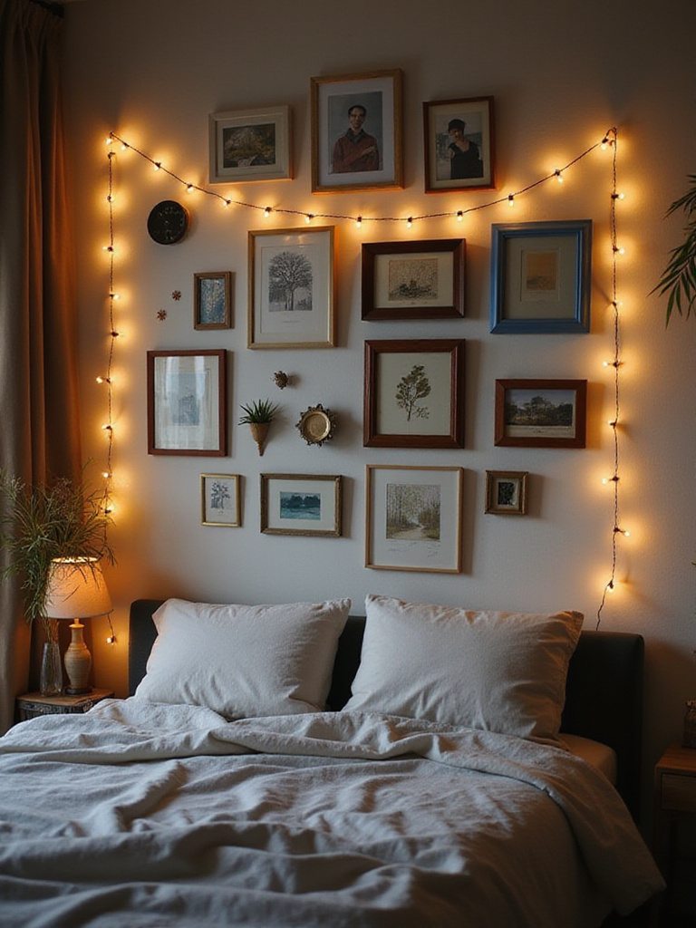 Apartment bedroom featuring a gallery wall above the bed with art prints, photographs, and string lights.