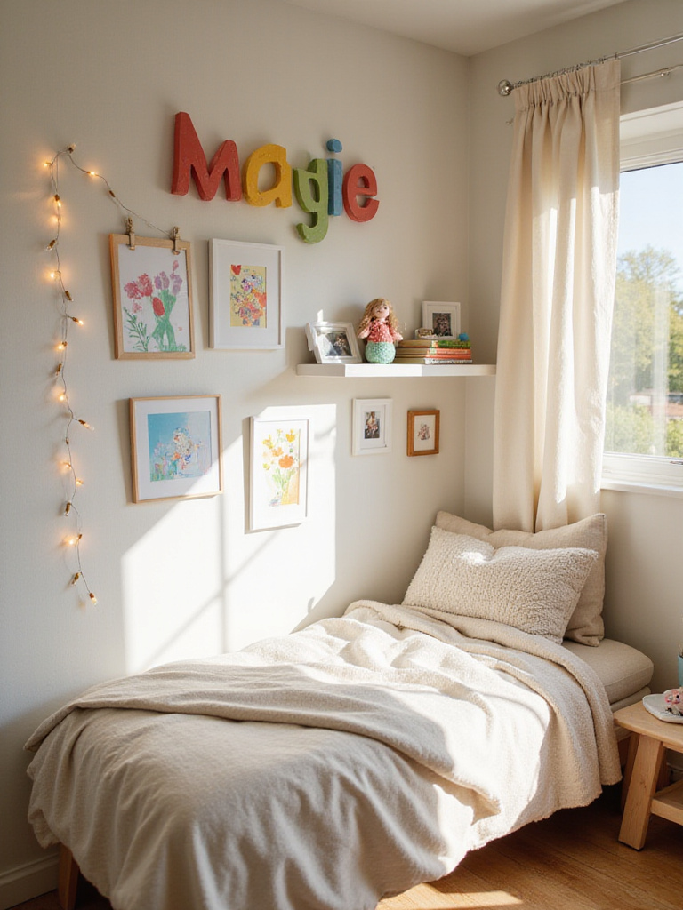A personalized child's bedroom featuring a colorful name sign above the bed, a wall display of children's artwork, and a shelf with cherished family photos, creating a cozy and inviting space.