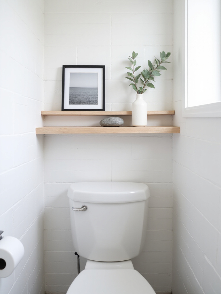Bathroom floating shelf with framed photo, eucalyptus, and river stone