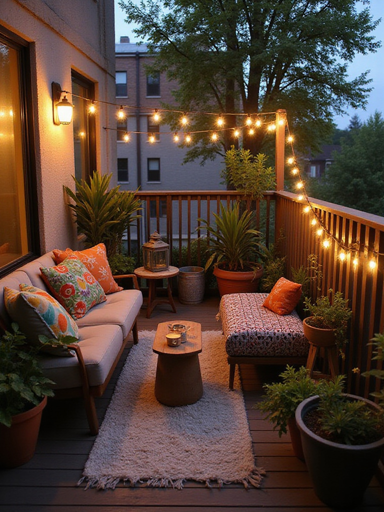 A small, personalized urban balcony decorated with colorful cushions, string lights, plants, and personal decor items, creating a cozy and inviting outdoor retreat.