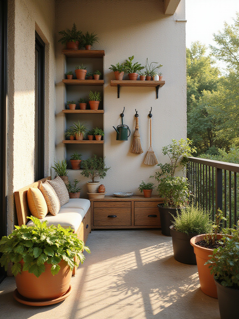 A small, organized balcony showcasing smart storage solutions like a storage bench, vertical shelves, and wall hooks, surrounded by plants.