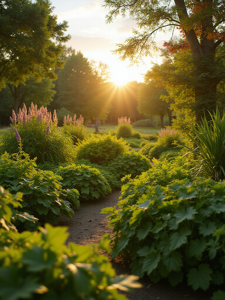 Lush garden with diverse plants and textures bathed in golden sunlight.