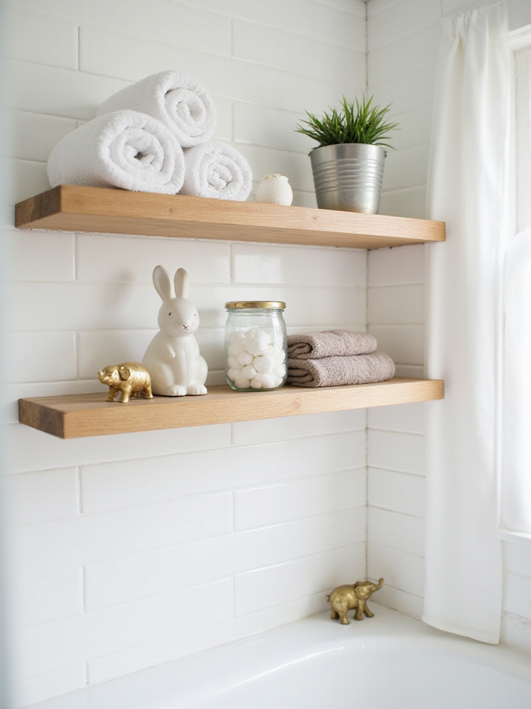 Bathroom shelves decorated with playful figurines, towels, and plants.