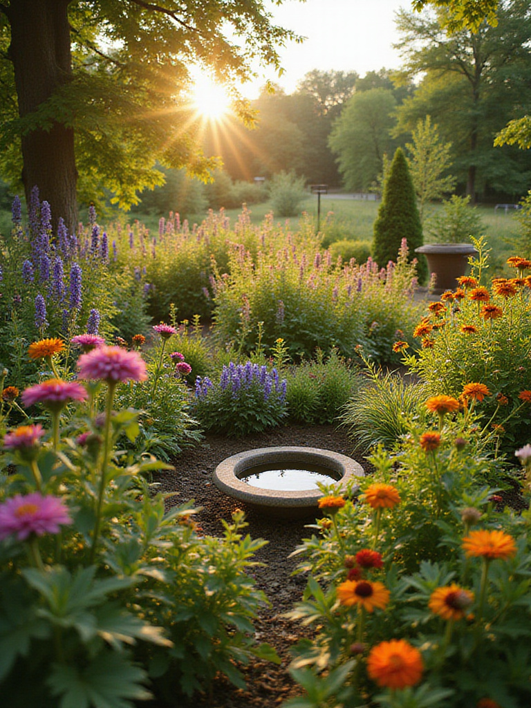 Thriving pollinator garden with diverse native flowering plants, bird bath, and dappled sunlight.
