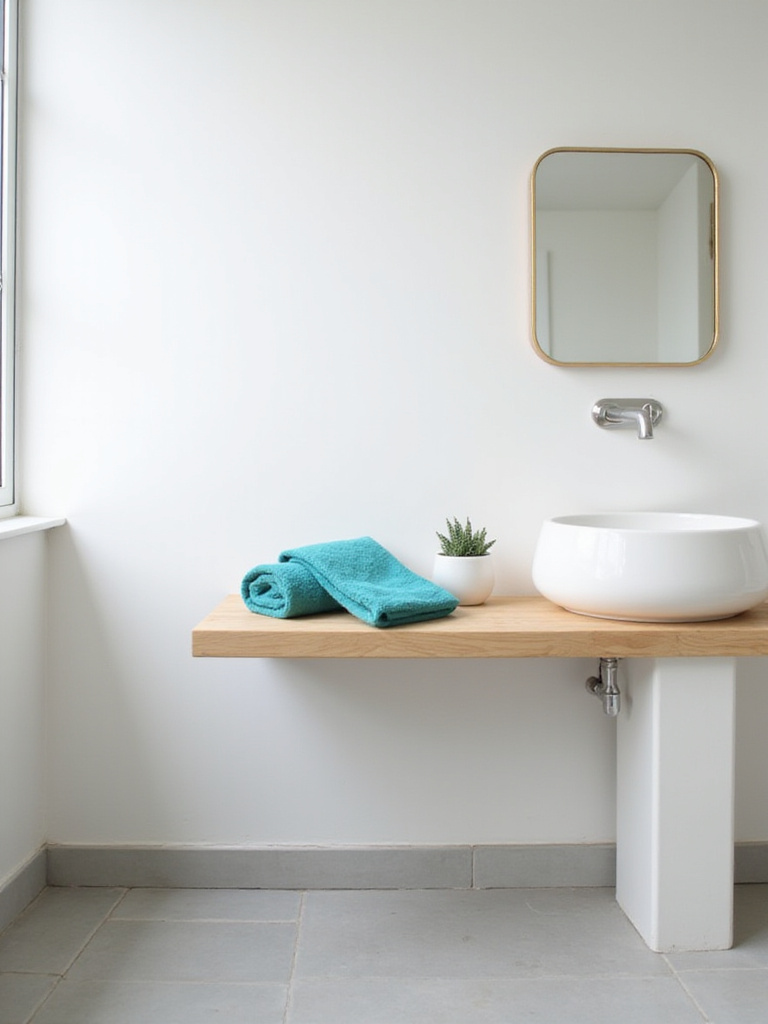 Minimalist bathroom with white walls and a turquoise hand towel for a pop of color.