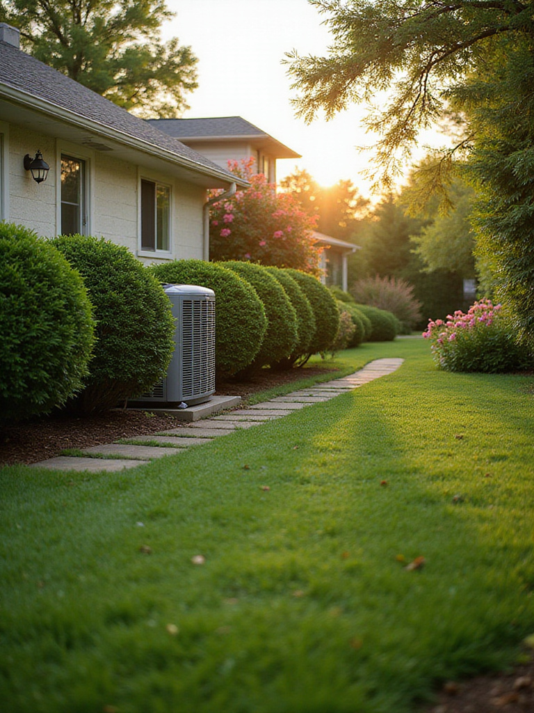 Air conditioning unit cleverly hidden behind shrubs in a landscaped front yard.
