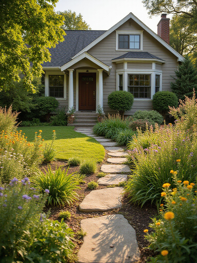 Front yard landscaping featuring native plants for a sustainable and eco-friendly garden.