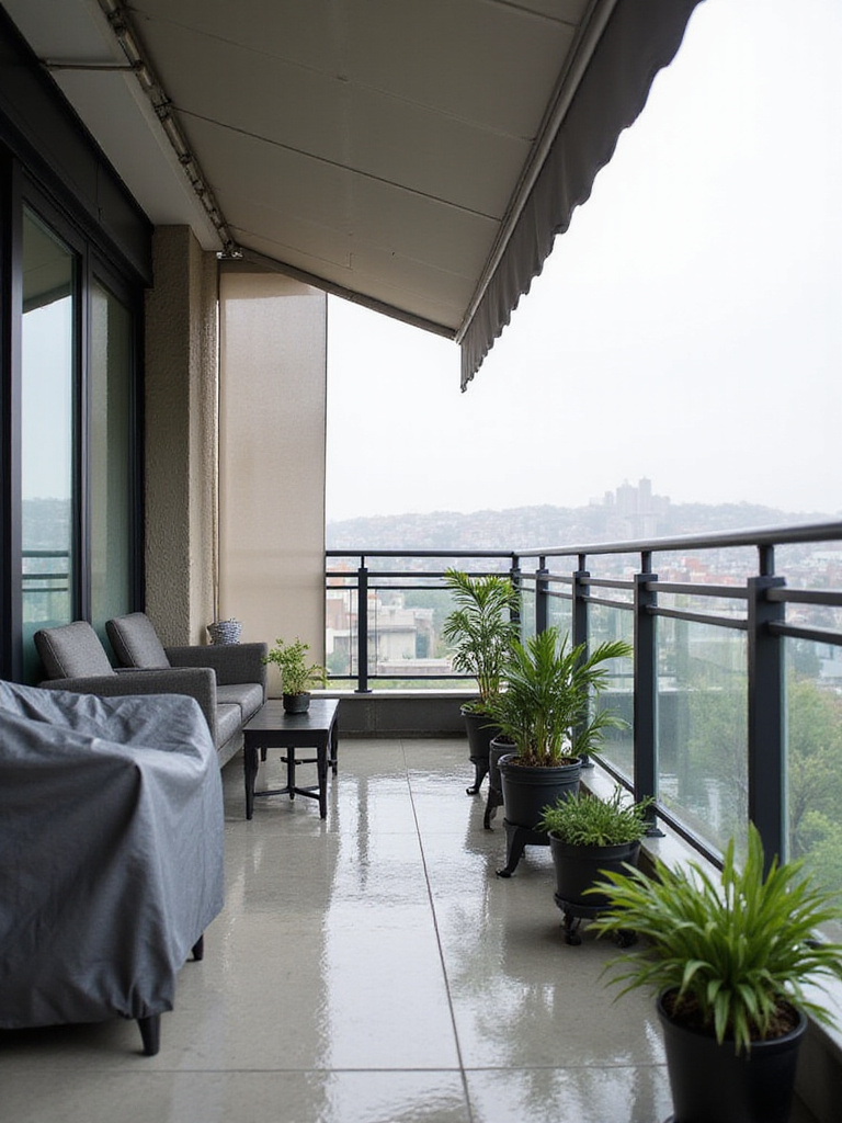 Small apartment balcony with weather protection features, including a retracted awning and vertical screen, designed to shield from sun, rain, and wind.