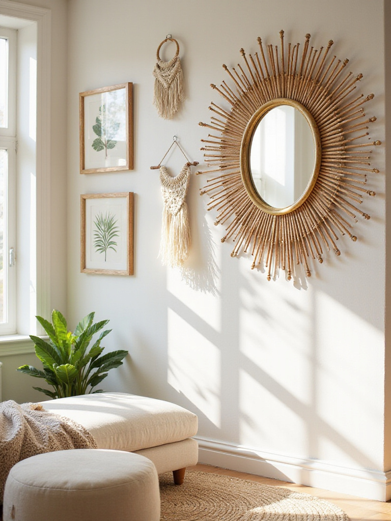 Boho living room wall decor featuring a rattan and gold sunburst mirror surrounded by macrame and botanical prints.