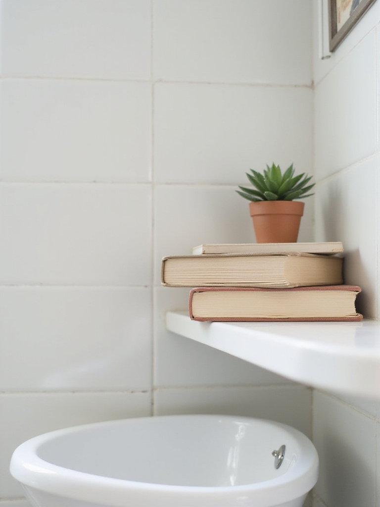 Bathroom shelf with stacked books and succulent