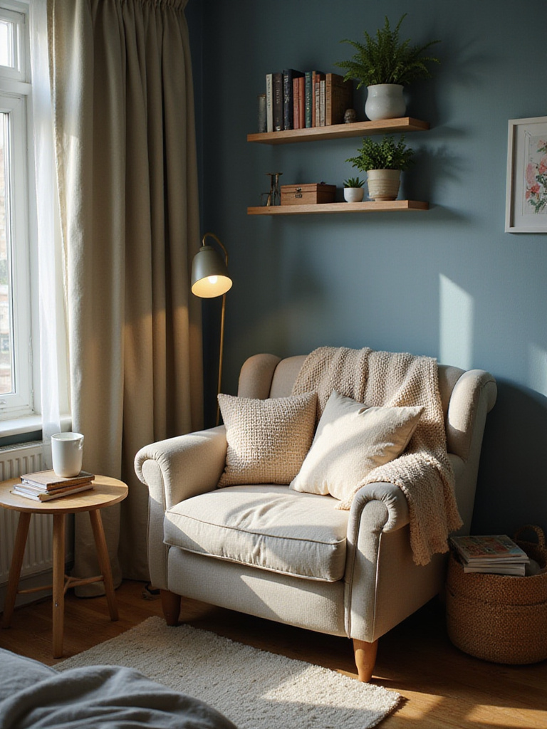 Cozy apartment bedroom reading nook with armchair, books, and warm lighting