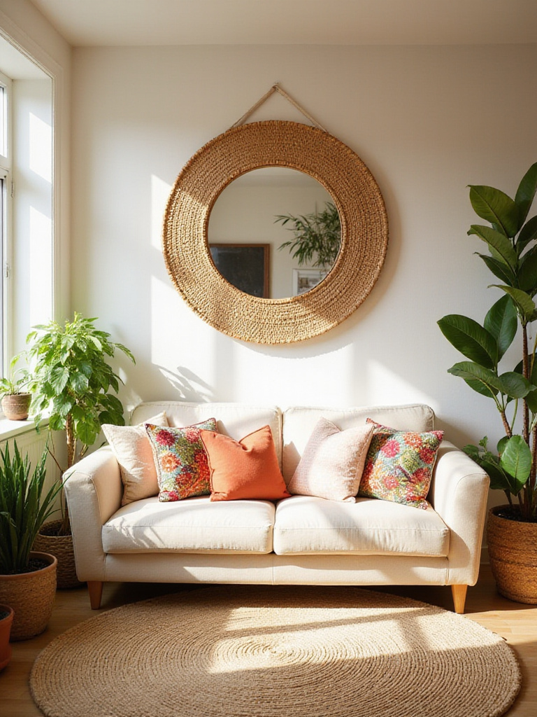 Boho living room with a large round rattan mirror reflecting natural light.