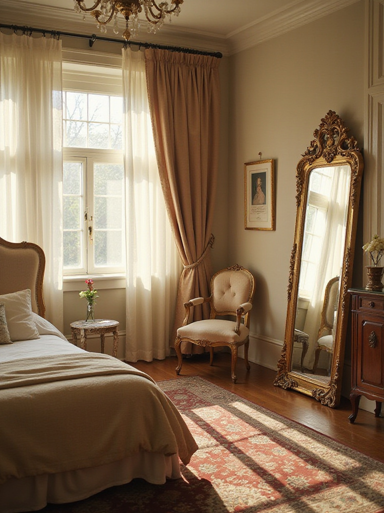 Vintage bedroom with ornate gold-framed mirror leaning against the wall.