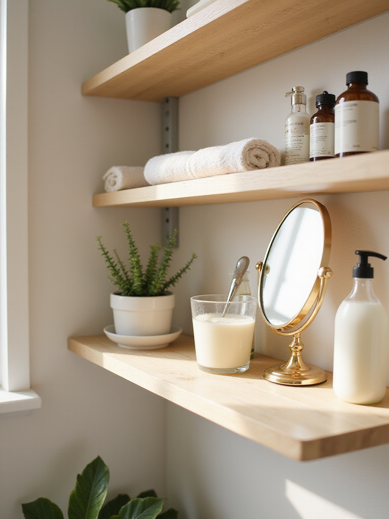Bathroom shelf decorated with toiletries, a succulent, and a small gold-framed mirror reflecting light.