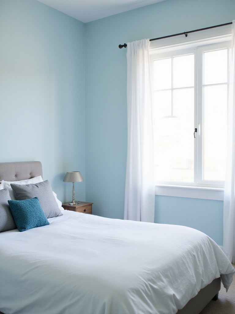 Serene sky blue bedroom with white linens and natural light.