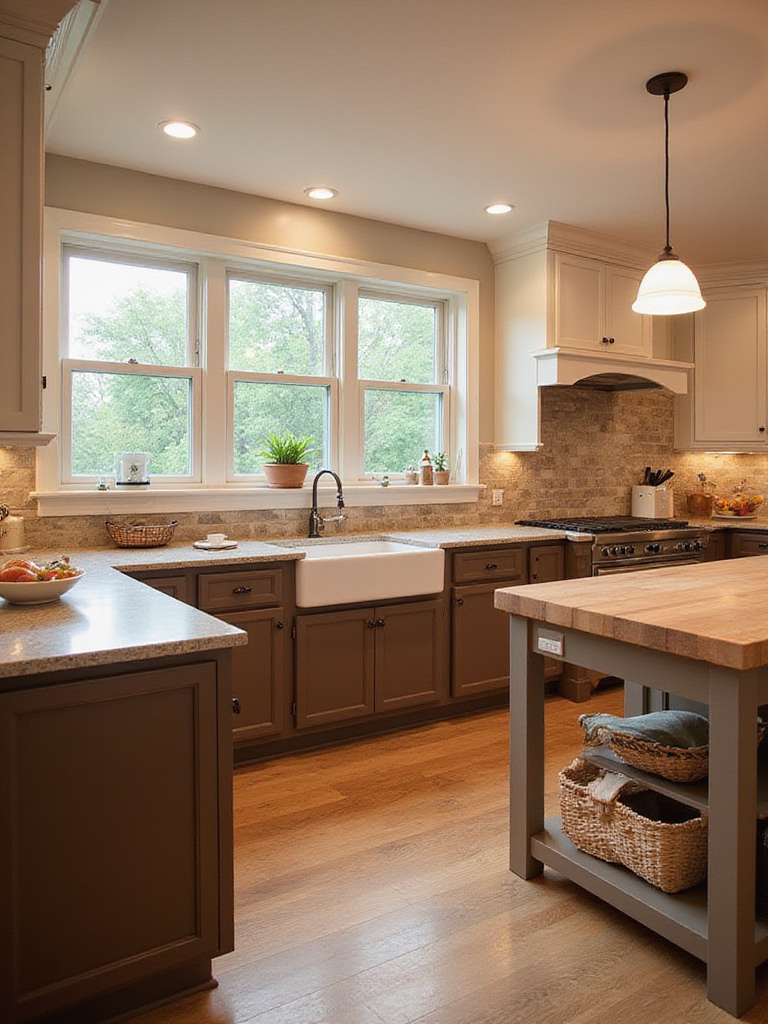 Kitchen design featuring rich earthy tones with brown lower cabinets and cream upper cabinets.