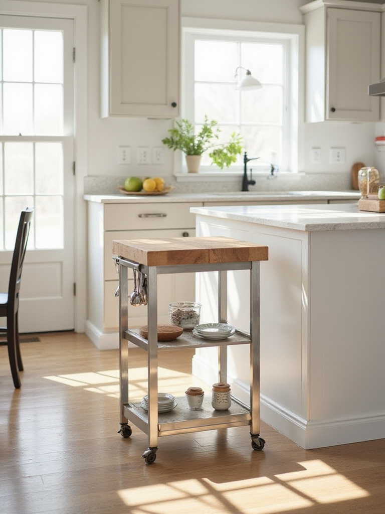 Stainless steel and butcher block rolling kitchen cart providing extra prep space and storage in a modern kitchen.