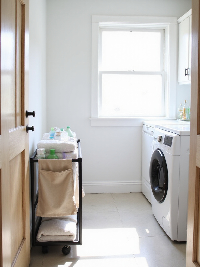 Stylish rolling laundry cart in a modern laundry room