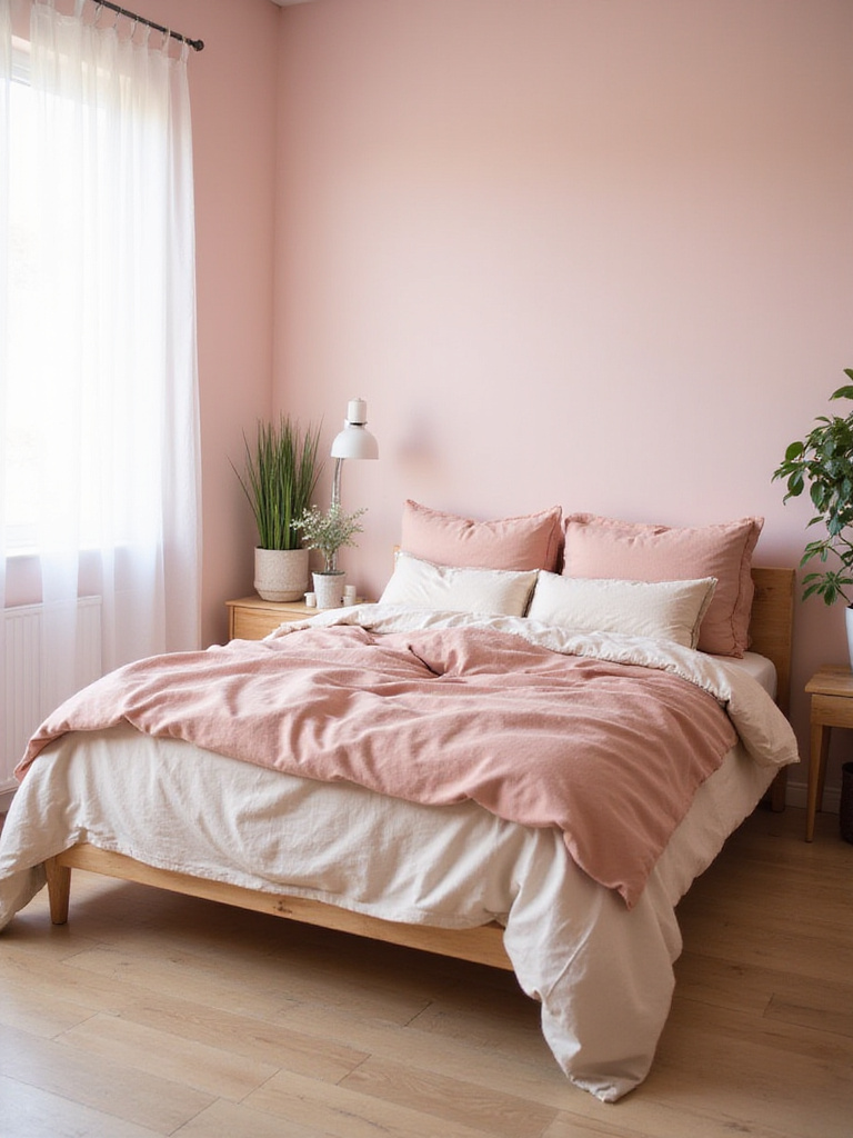 Serene blush pink bedroom with soft lighting and layered bedding.