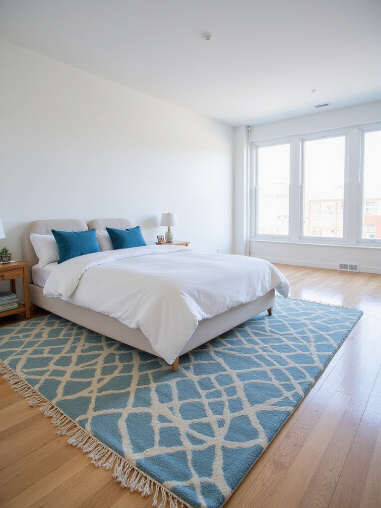 Apartment bedroom with queen bed and geometric rug