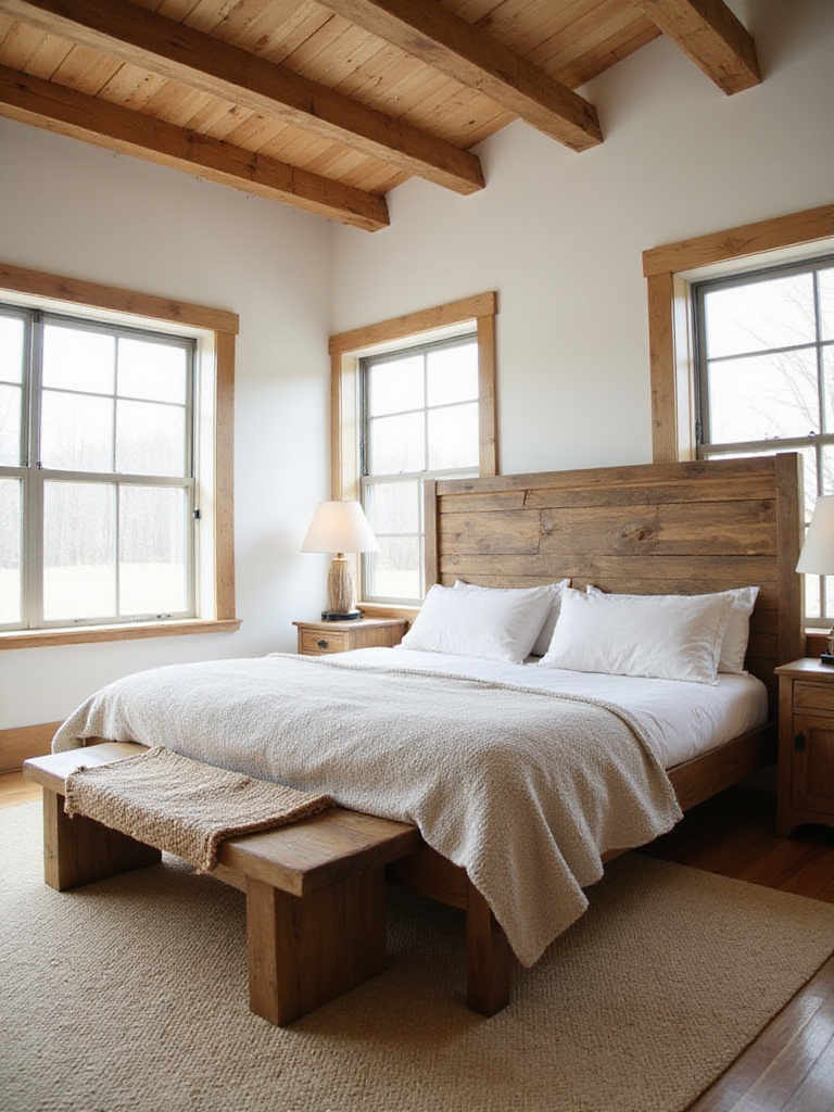Rustic bedroom with reclaimed wood headboard and exposed wooden beams.
