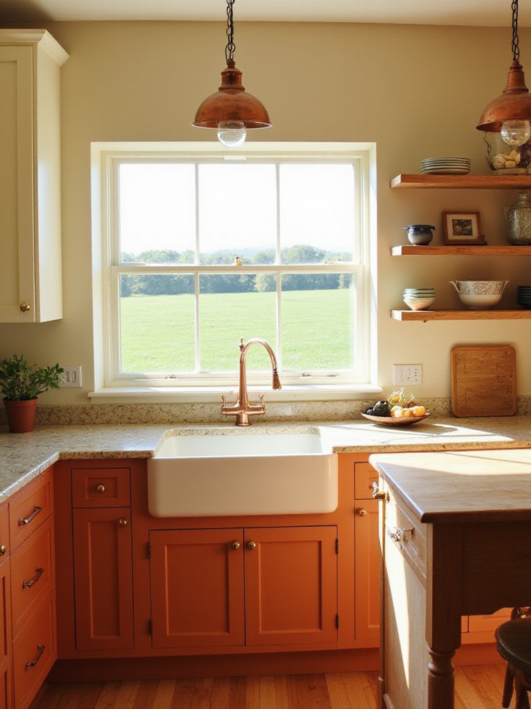 Rustic kitchen with terracotta and white cabinets, wooden island, and copper accents.