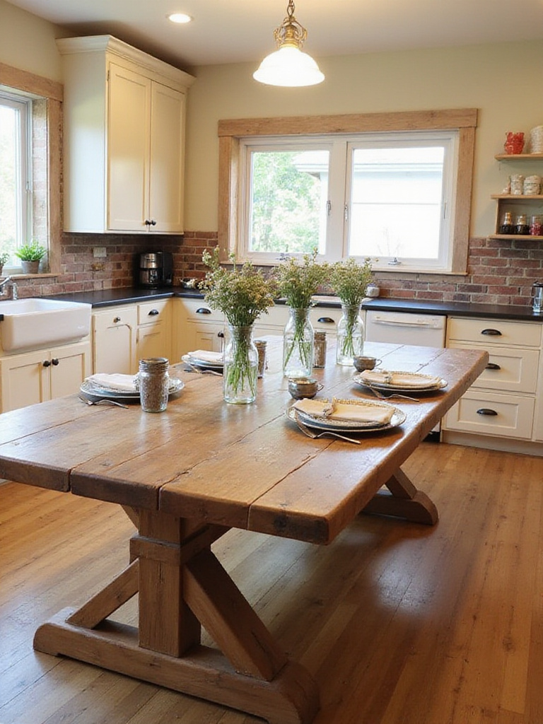 Rustic farmhouse kitchen table with natural wood finish