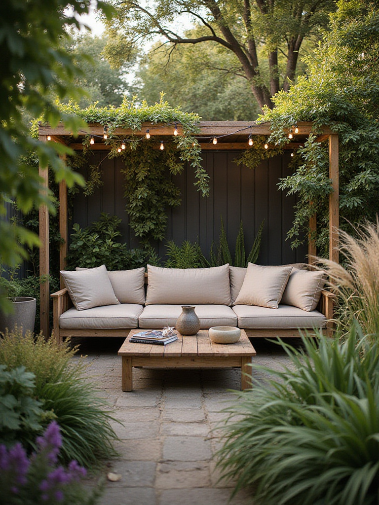Inviting outdoor seating area with teak sectional sofa and lush garden surroundings
