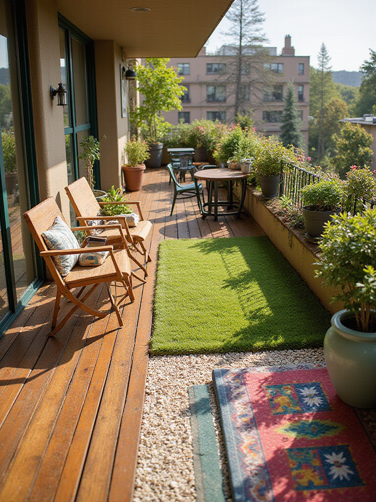 Variety of creative flooring options transforming small balconies, including wood deck tiles, artificial grass, pebbles, patterned tiles, and an outdoor rug.