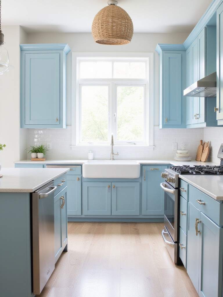 Light blue kitchen cabinets with white countertops and natural wood flooring.