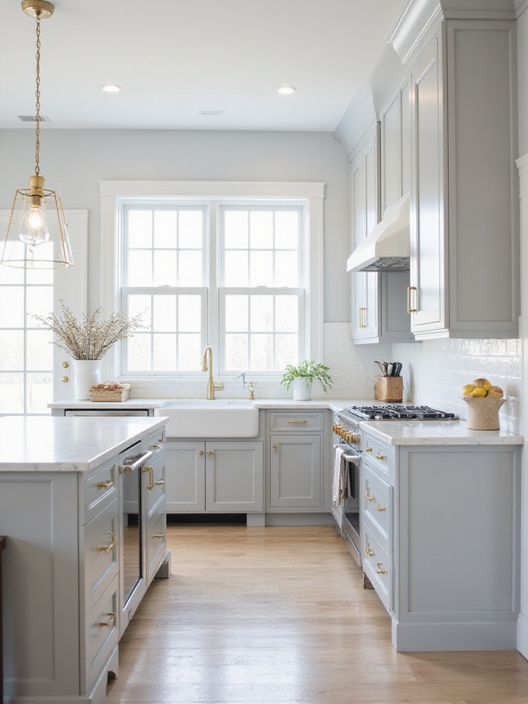 Modern kitchen with light gray cabinets, white marble countertops, and gold hardware.