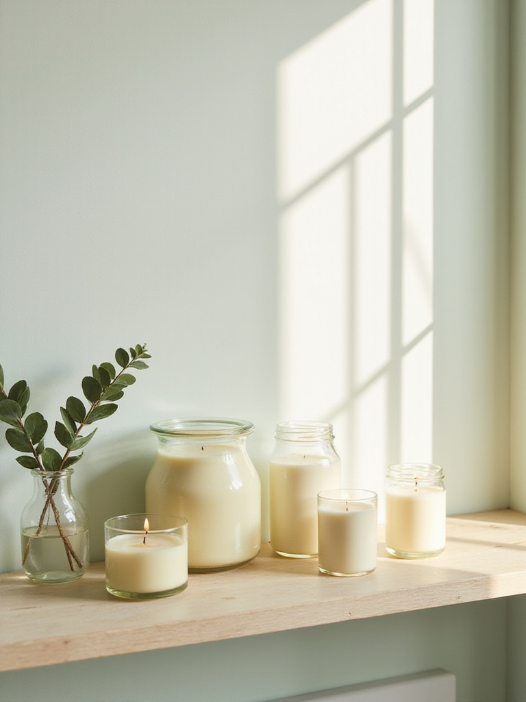 Scented candles on bathroom shelf for relaxation