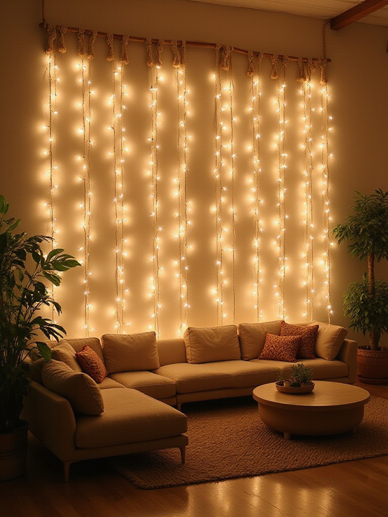 Boho living room wall decor with cascading string lights