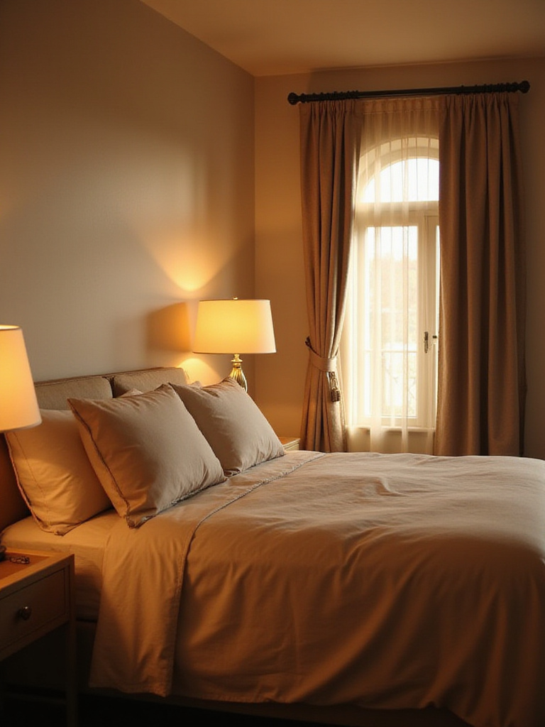 Serene bedroom with soft ambient lighting from lamps and sheer curtains.