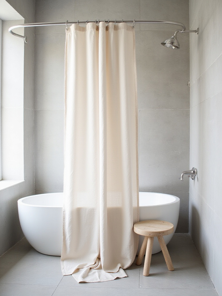 Minimalist bathroom with beige linen shower curtain