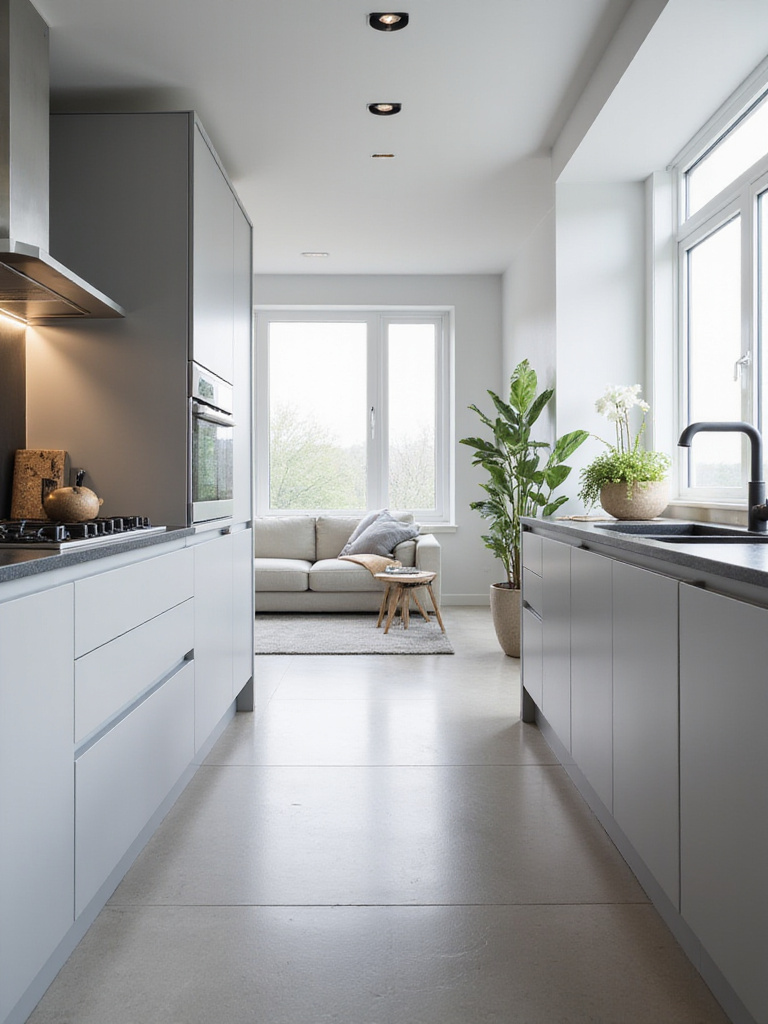 Modern kitchen with sleek, handleless grey cabinets and dark grey quartz countertops.