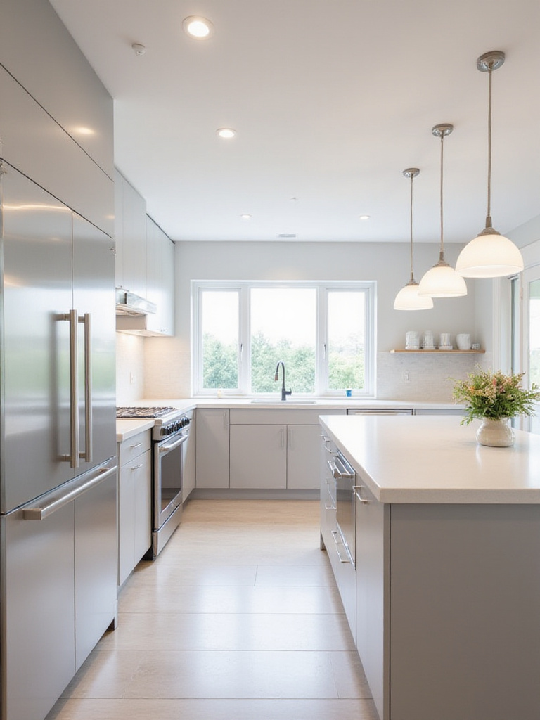 Sleek modern kitchen with white and gray color scheme, stainless steel appliances, and quartz countertops.